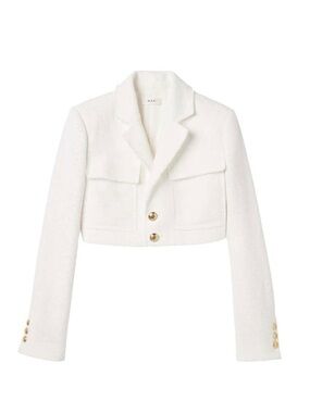 A.L.C. Cropped White Tailored Wool-Blend Blazer with Gold Buttons
